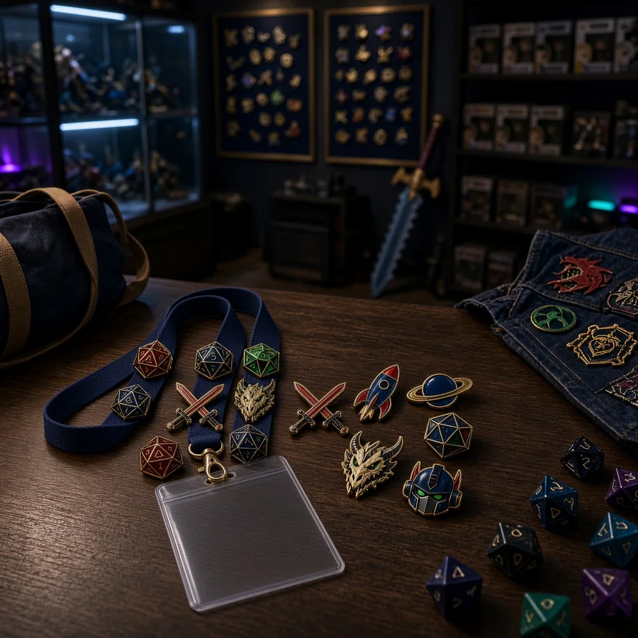 Enamel pins laid out on a dark table around a navy lanyard and an empty clear badge holder, with a canvas bag, dice and a denim jacket covered in patches.