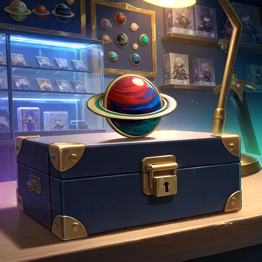 A red, blue and green ringed-planet enamel pin resting on a navy trunk with brass corners and a brass lock, in a room of pin boards and display cases.